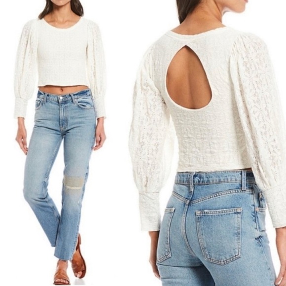 Free People Ivory Lace Puff Sleeve Crop Top with Open Back - Size - Picture 1 of 7